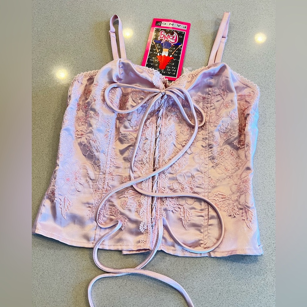 Fang Vintage Pink Lace-Up Camisole Top with side zipper & Adjustable straps SZ M - Picture 12 of 16